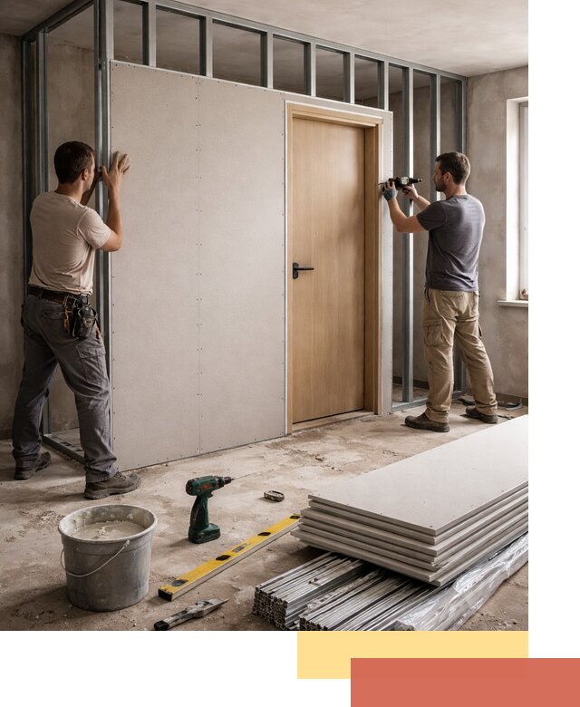 Перегородка из гипсокартона с дверью под ключ в Красном Сулине