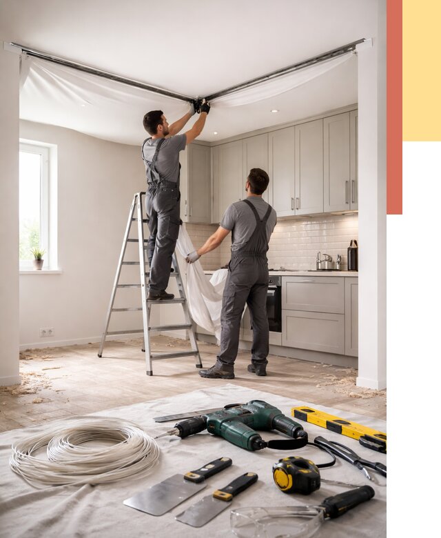 Установка натяжного потолка на кухне в Красном Сулине от 2449 руб. | ОТДЕЛОЧНИК-Крл