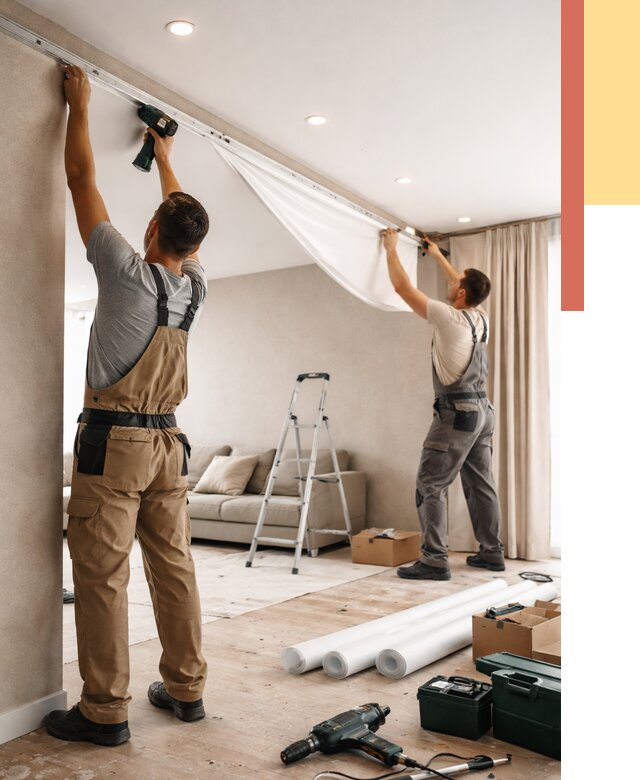 Монтаж натяжного потолка в гостиной в Красном Сулине от 561 руб. | ОТДЕЛОЧНИК-Крл